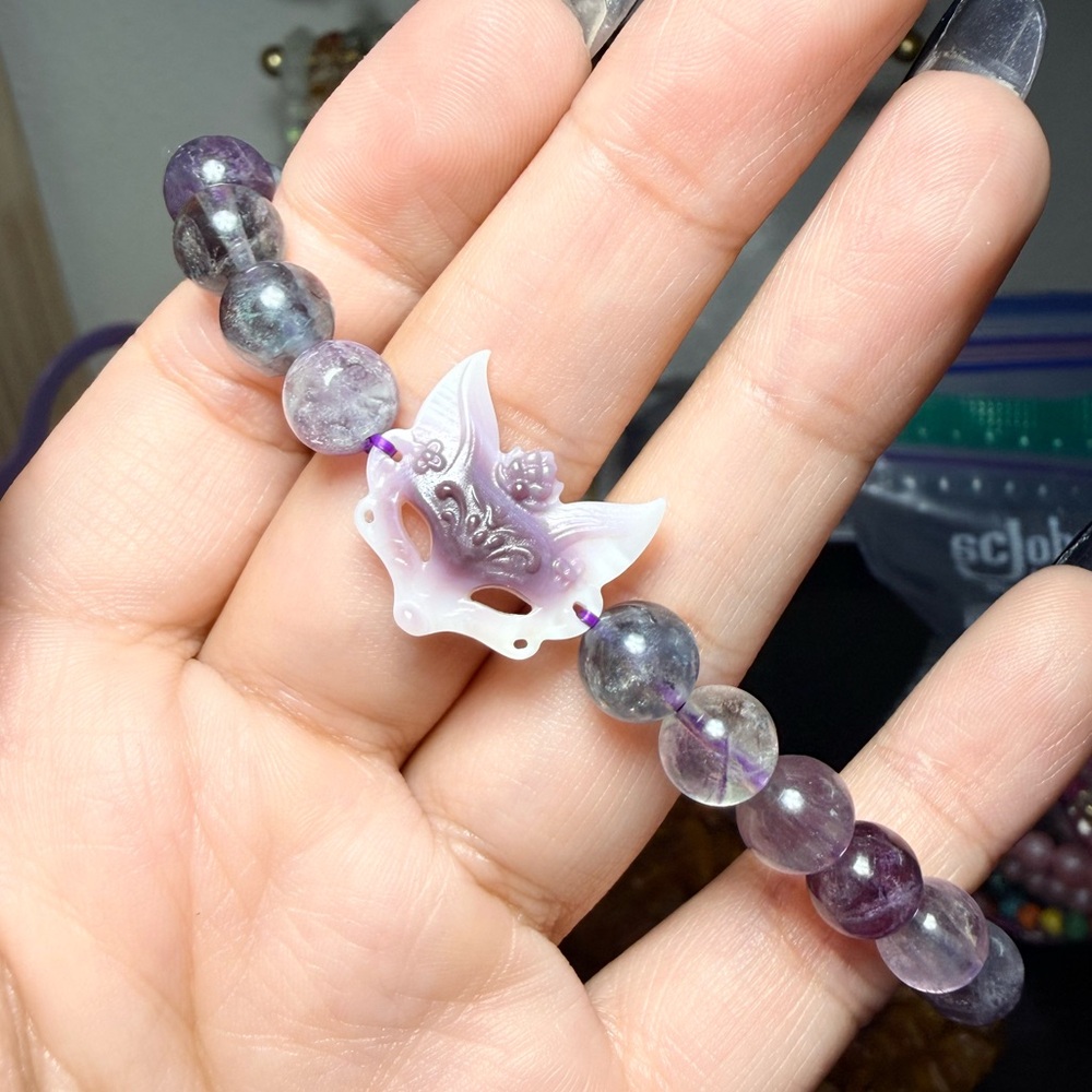 Fluorite Bracelet | 8mm Purple Blue Green Fluorite | Mother of Pearl Fox Charm - Picture 6 of 6